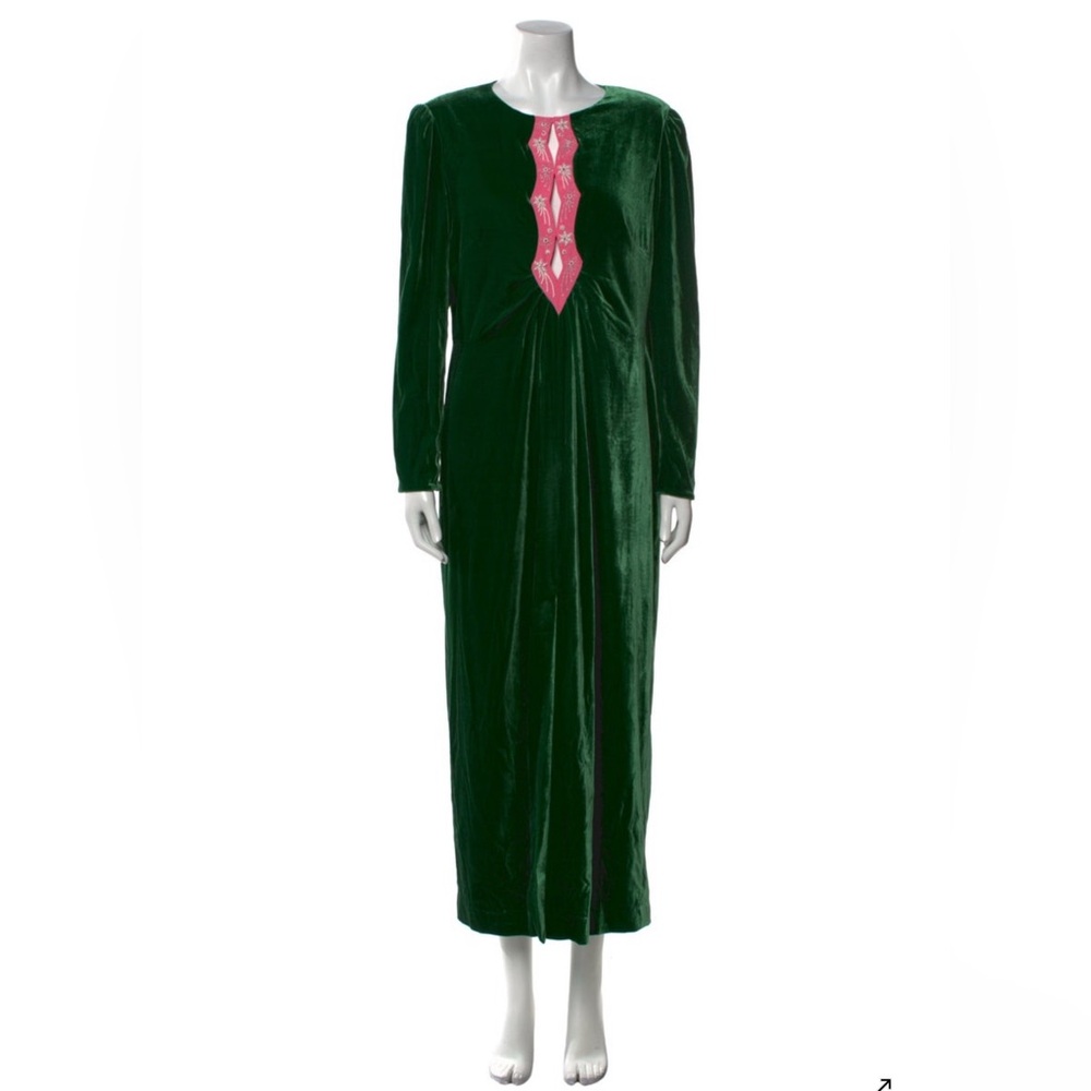 SALONI NWT Green Velvet Dress with Pink Detail